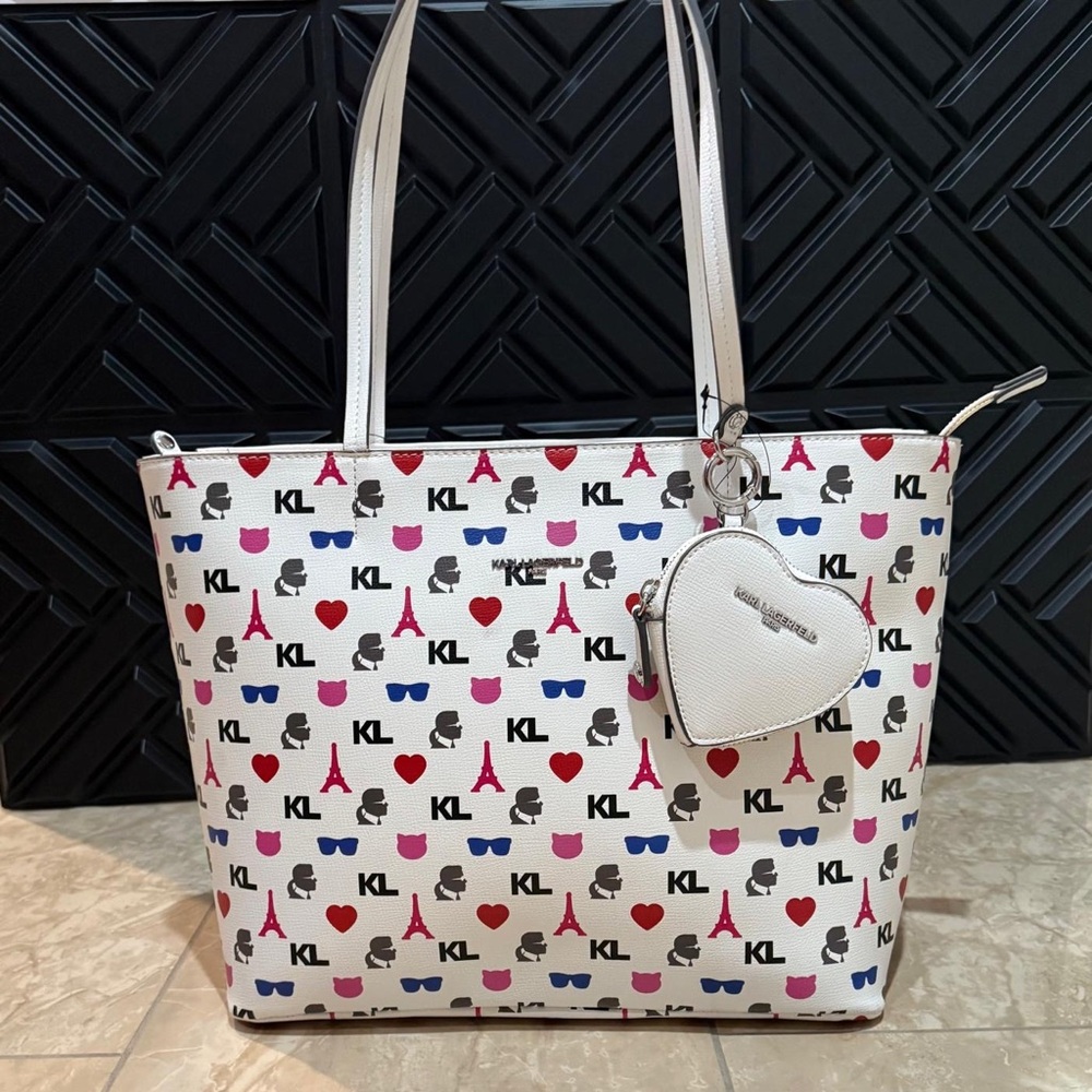 Karl Lagerfeld Paris Adele Large Tote Bag Multicolor with Heart Pouch New